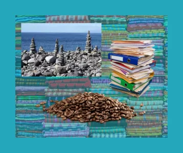 Stacks of rocks, binders, beans